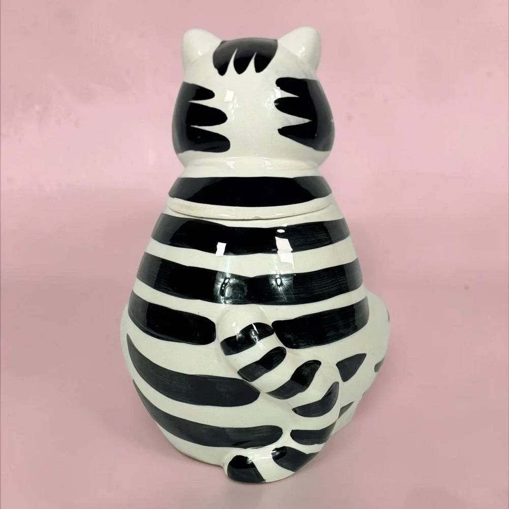 Vintage R. H. Macy & Co Black White Striped Cat Cookie Jar Pink Bow Ceramic